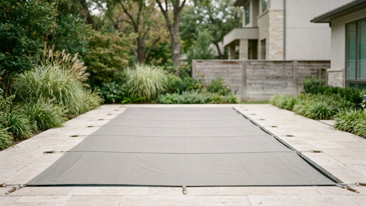 Couverture de sécurité installée sur une piscine