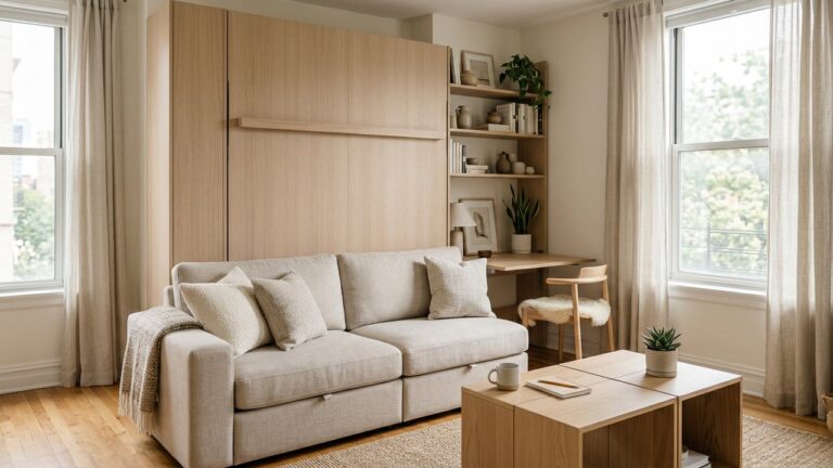 Petit studio bien aménagé avec mobilier multifonctionnel et rangements optimisés