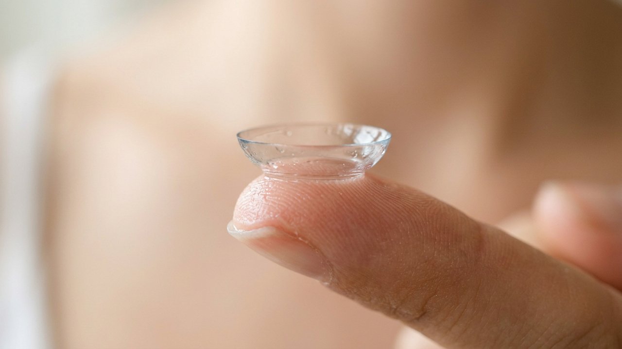 Lentille de contact positionnée sur le bout du doigt avant la pose