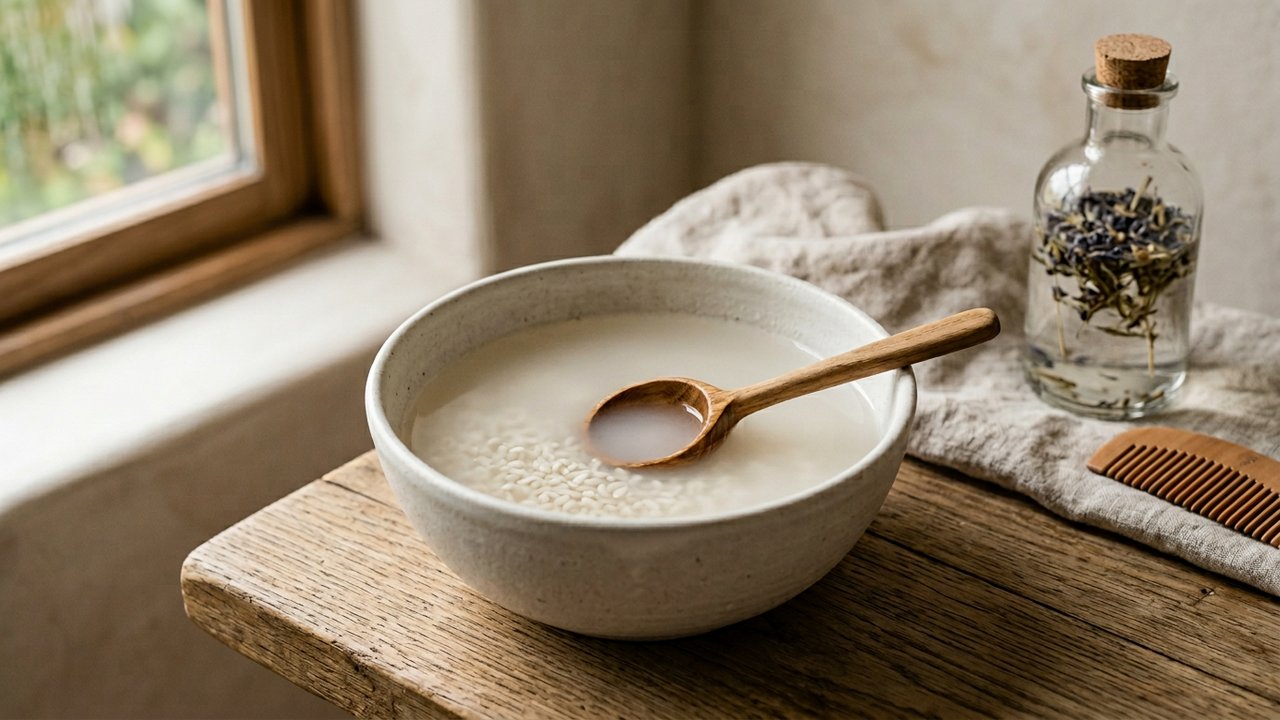 Eau de riz, produit naturel pour lisser les cheveux et réduire les frisottis