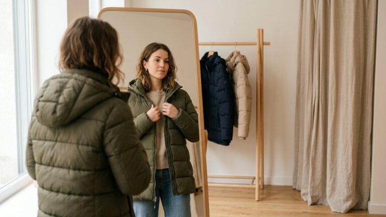 Femme essayant une doudoune Geographical Norway pour vérifier la bonne taille