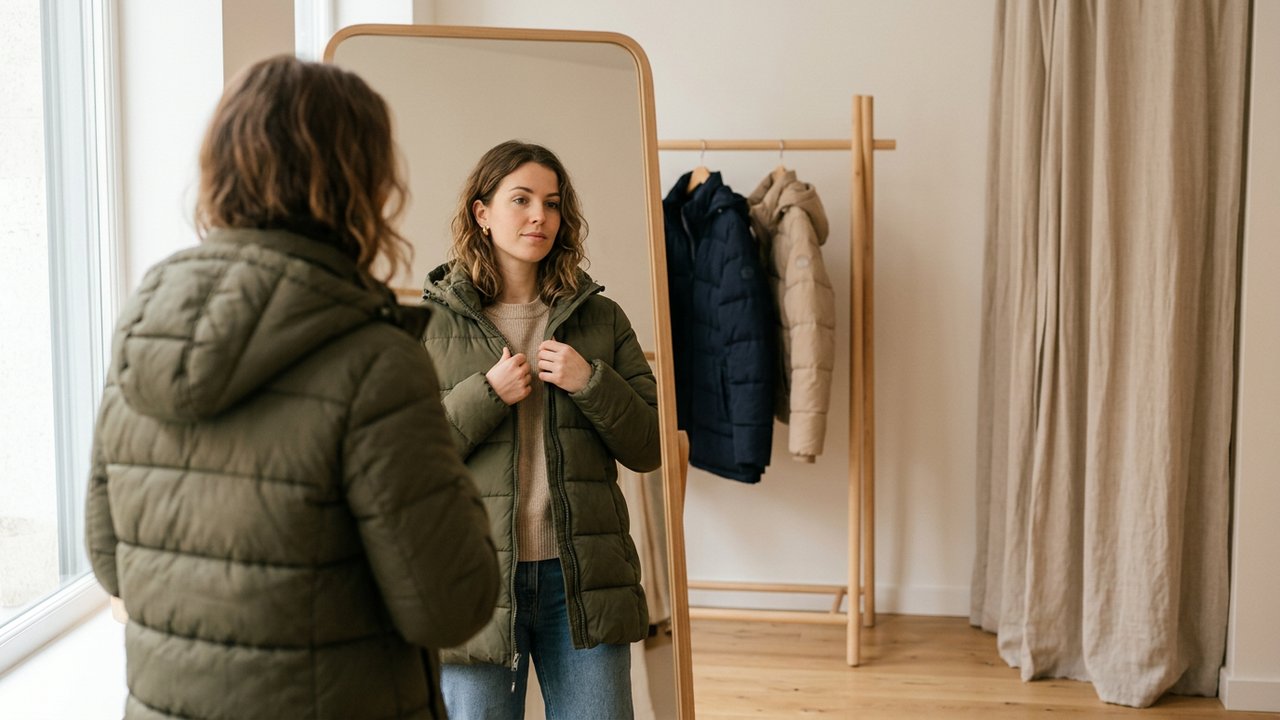 Femme essayant une doudoune Geographical Norway pour vérifier la bonne taille