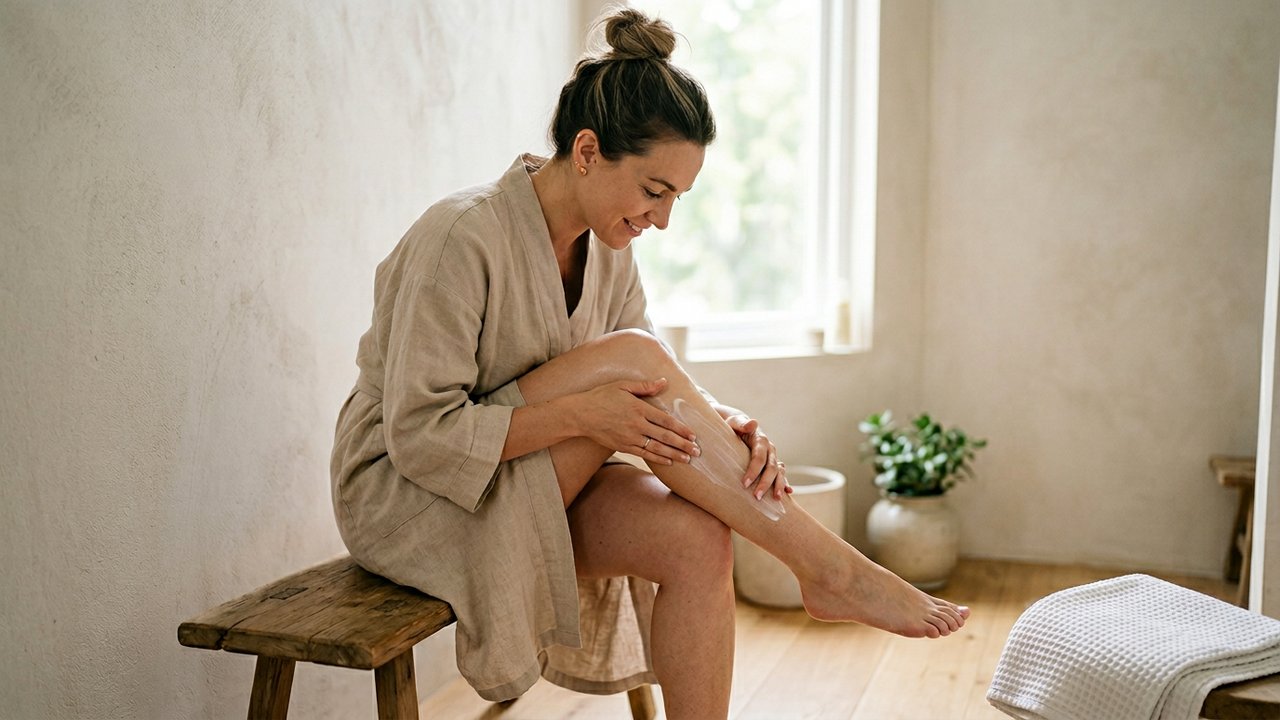 Application de lotion hydratante sur les jambes après le rasage