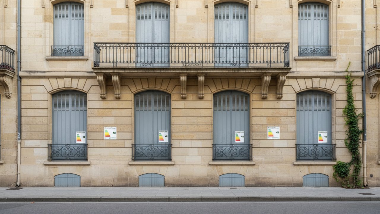Façade d'immeuble collectif avec étiquettes de performance énergétique A à G