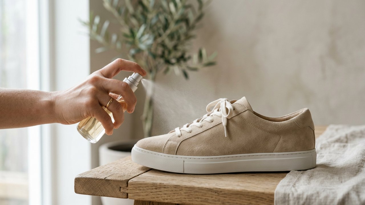 Vaporisation de spray imperméabilisant sur une Adidas Gazelle en daim