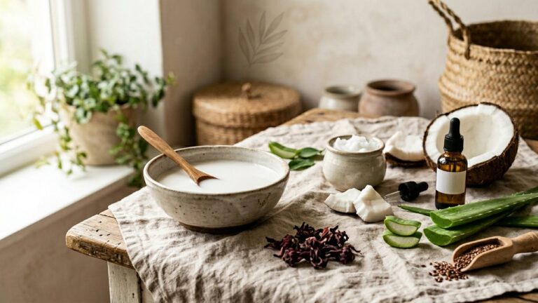 Ingrédients naturels pour lisser les cheveux : lait de coco, huiles végétales et eau de riz