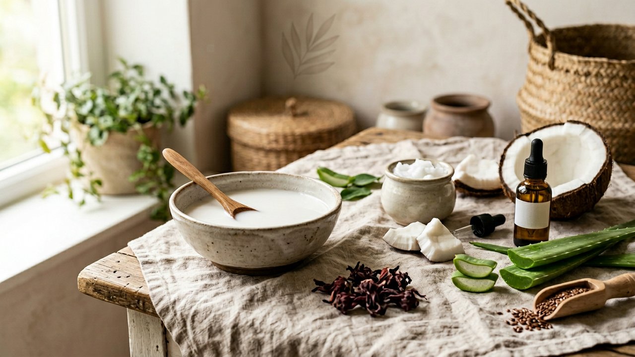 Ingrédients naturels pour lisser les cheveux : lait de coco, huiles végétales et eau de riz