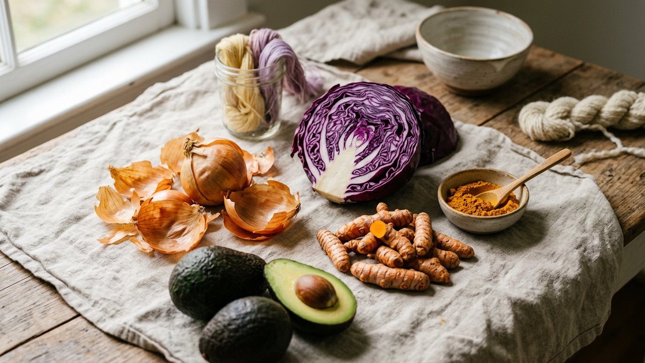 Ingrédients naturels pour teindre le tissu : curcuma, oignons, avocat, chou rouge