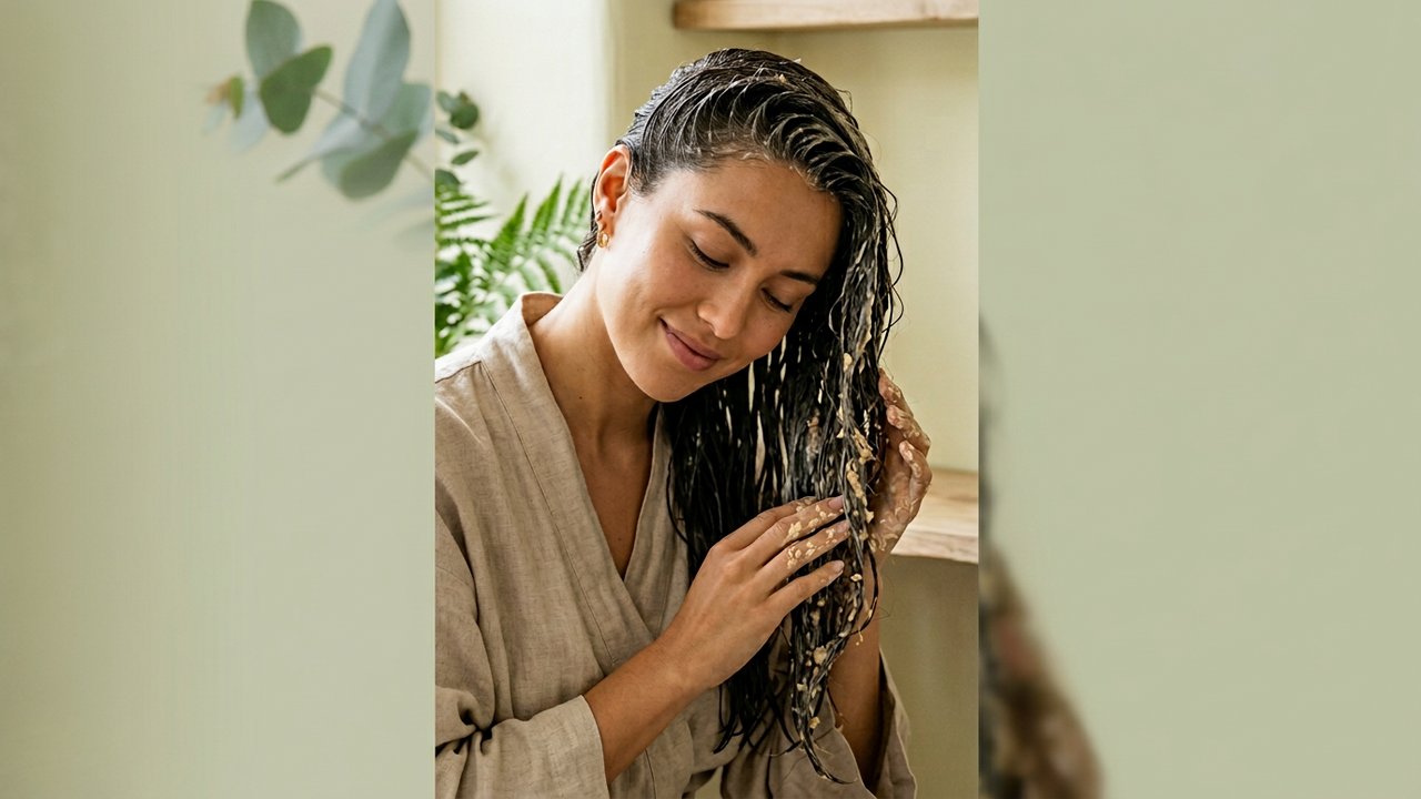Application d'un masque nourrissant pour rendre les cheveux brillants