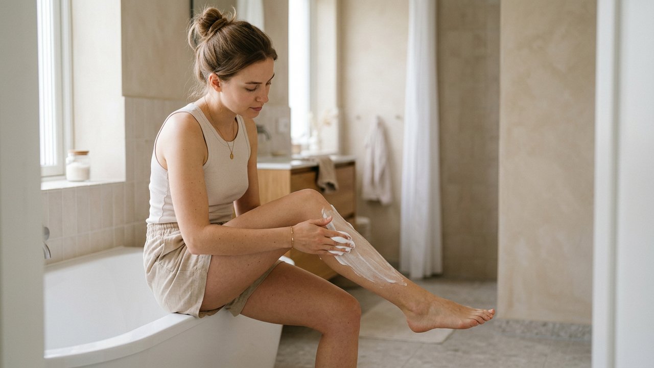 Application de mousse à raser sur les jambes avant le rasage