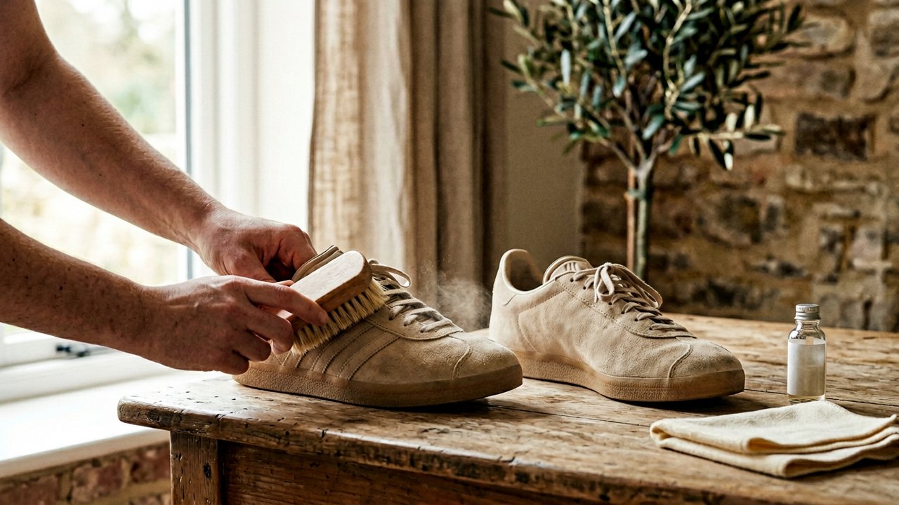 Nettoyage d'une Adidas Gazelle en daim avec une brosse spécialisée