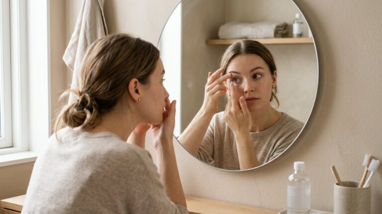 Pose d'une lentille de contact sur l'oeil avec les doigts