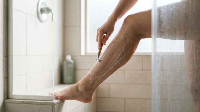 Rasage des jambes avec un rasoir sous la douche
