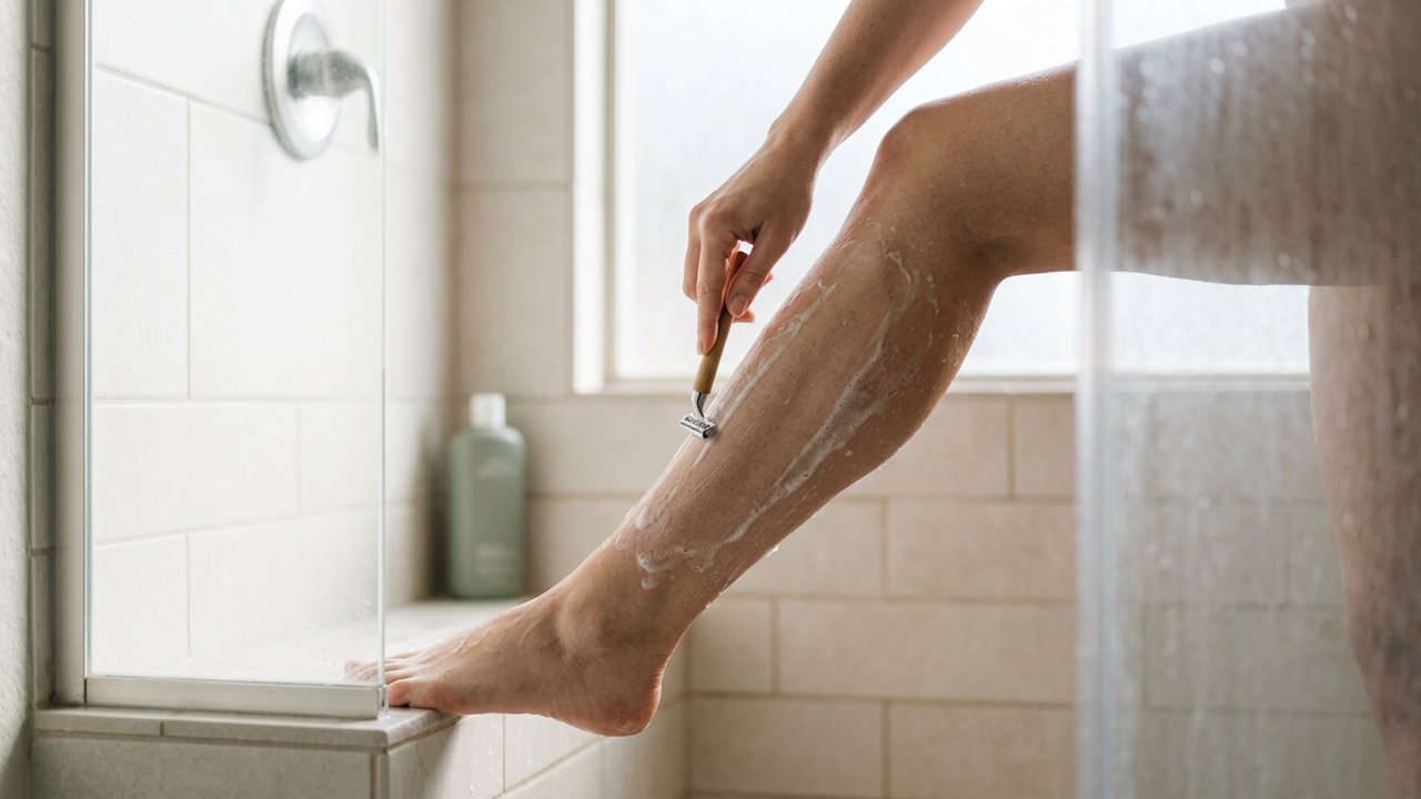 Rasage des jambes avec un rasoir sous la douche