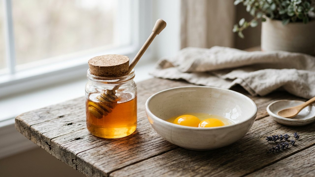 Ingrédients naturels pour un masque maison œuf et miel brillance cheveux
