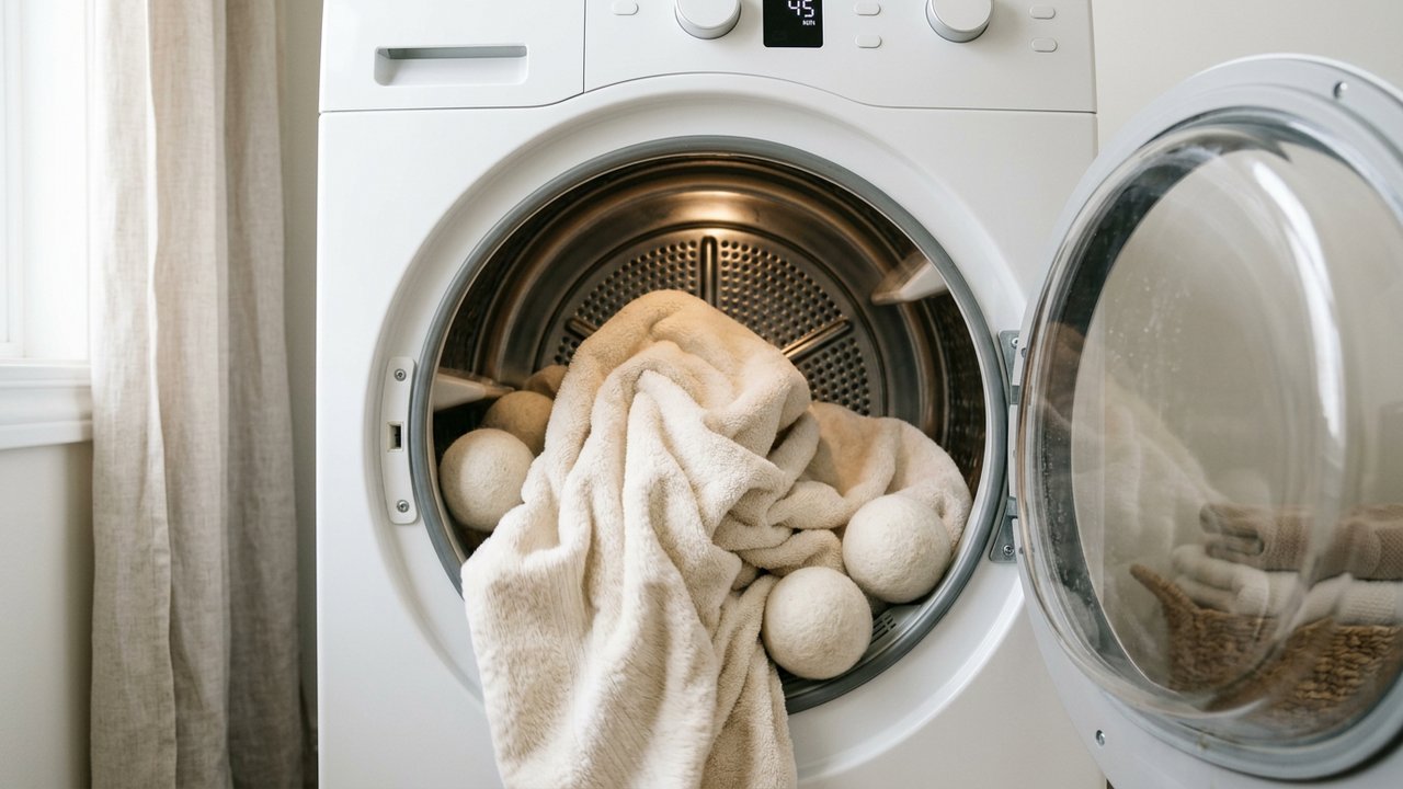 Serviette au sèche-linge avec balles de séchage pour éviter le peluchage