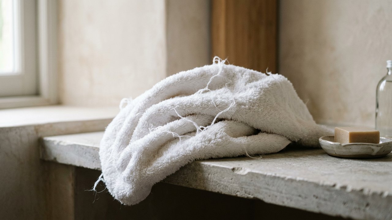 Serviette qui peluche avec des fibres détachées visibles