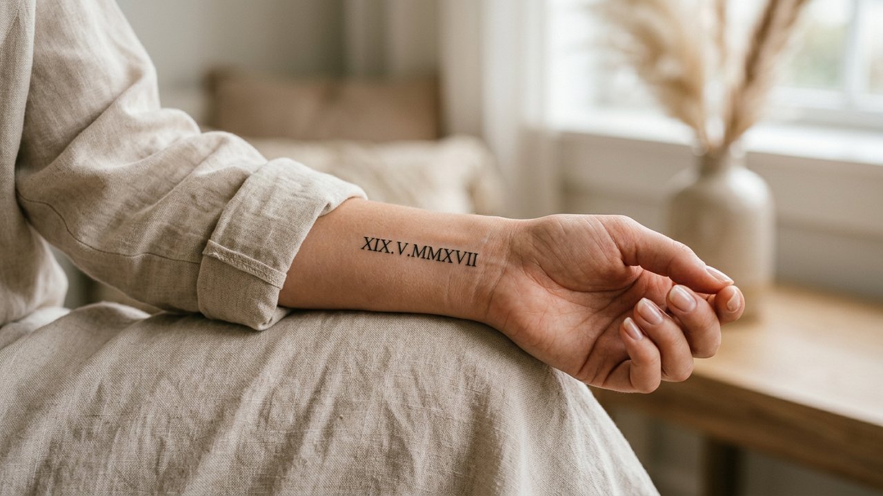 Tatouage minimaliste en chiffres romains sur le poignet
