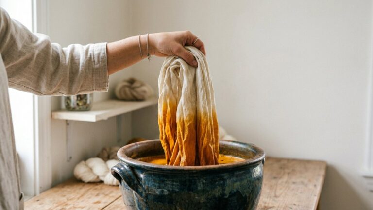 Tissu plongé dans un bain de teinture naturelle coloré