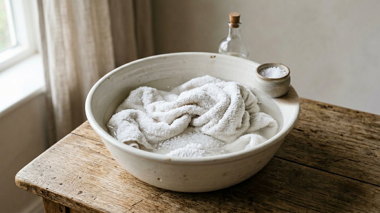 Serviette qui peluche trempant dans une bassine d'eau, vinaigre et gros sel