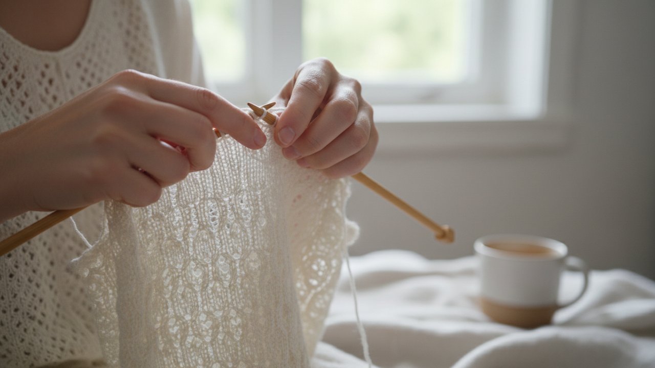 Détail des mains tricotant un top ajouré en coton fin