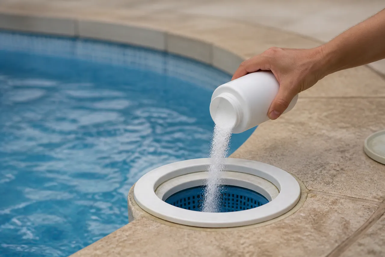 Ajout de stabilisant piscine en poudre dans le bassin
