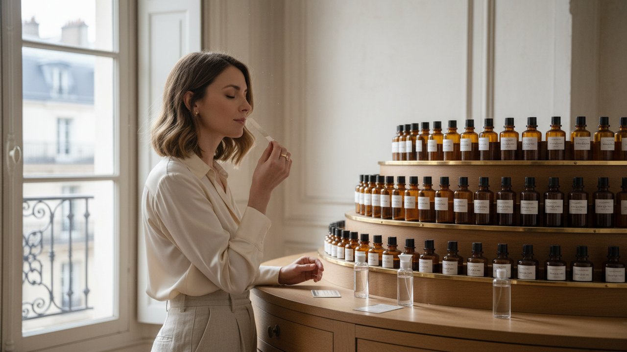 Femme découvrant les essences d'un orgue de parfumeur lors d'un atelier