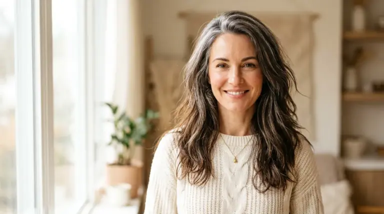 Femme châtain de 40 ans avec des cheveux blancs