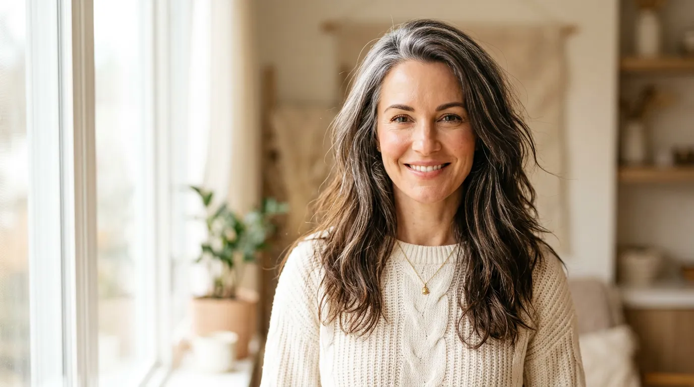 Femme châtain de 40 ans avec des cheveux blancs