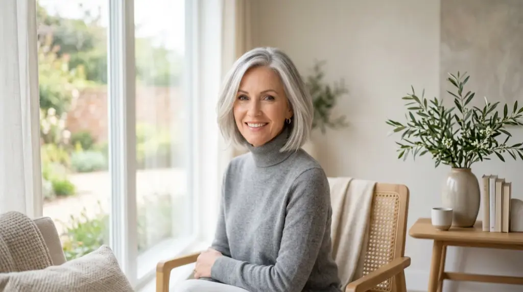 Femme avec une couleur argentée pour harmoniser ses cheveux gris