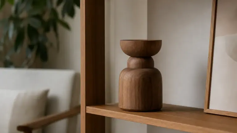 Décoration maison bois sur une étagère de salon