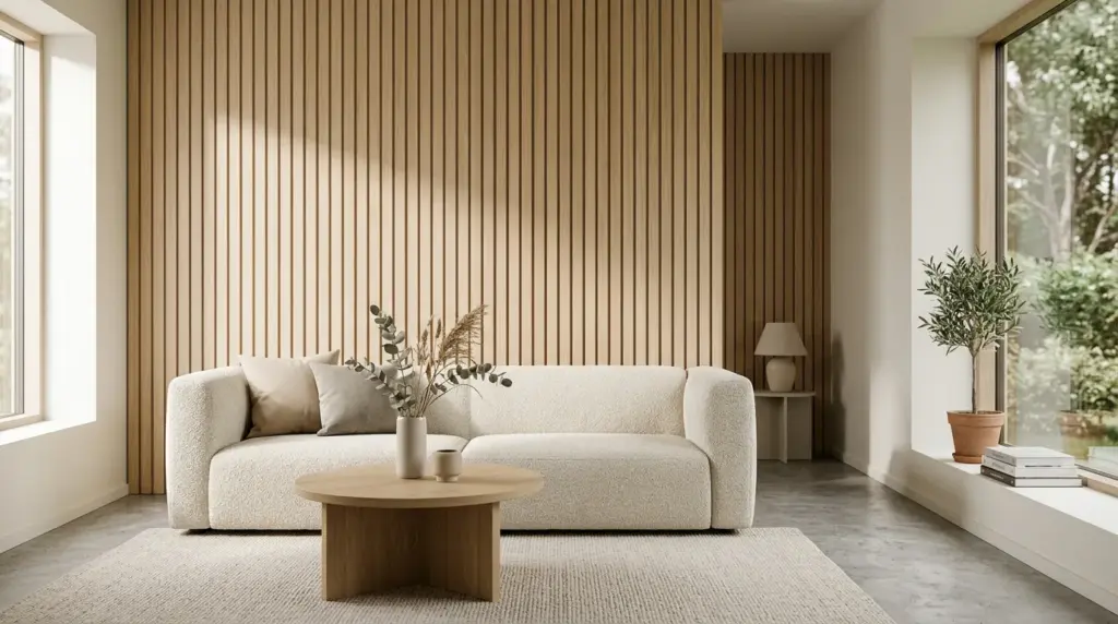 Salon moderné décoré avec des panneaux en bois